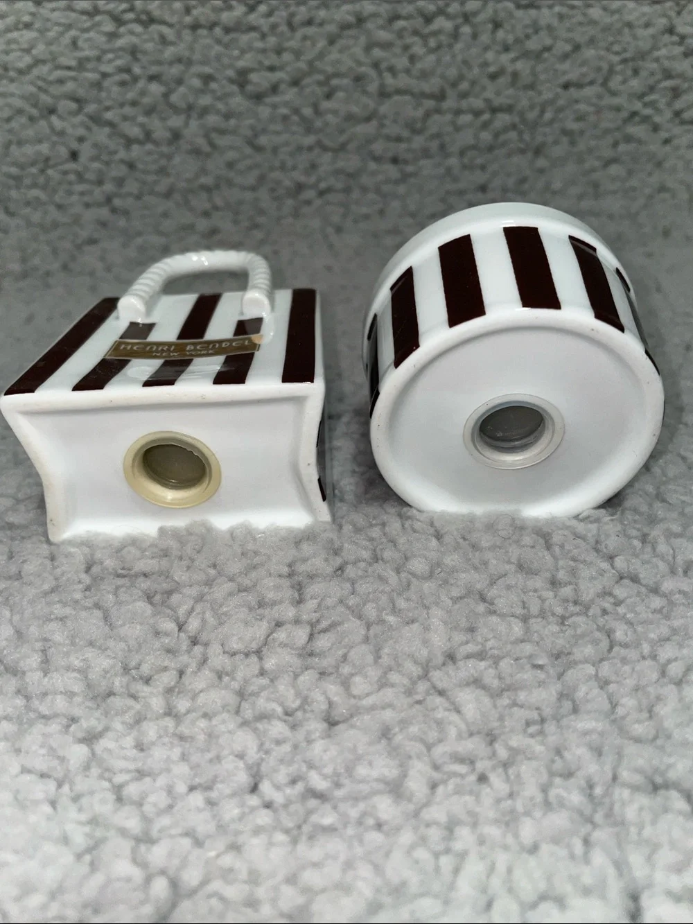 Henri Bendel Brown & White Striped Ceramic Salt and Pepper Shakers